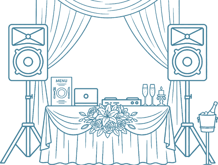 Sonido para el banquete de boda: dos altavoces y mesa de DJ vestida junto a la decoración floral del salón